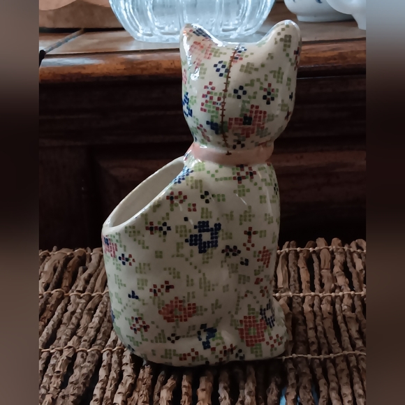 Vintage Ceramic Cat Pottery Patchwork CalicoPlanter utensil pencil holder - Picture 5 of 8